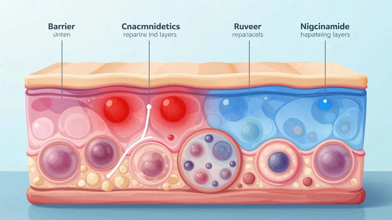 Vědecká ilustrace obnovy pokožkové bariéry pomocí ceramidů a niacinamidu.