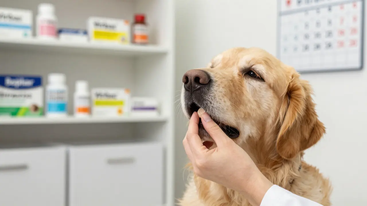 Veterinář podává psu tablety pivovarských kvasnic v klinice.