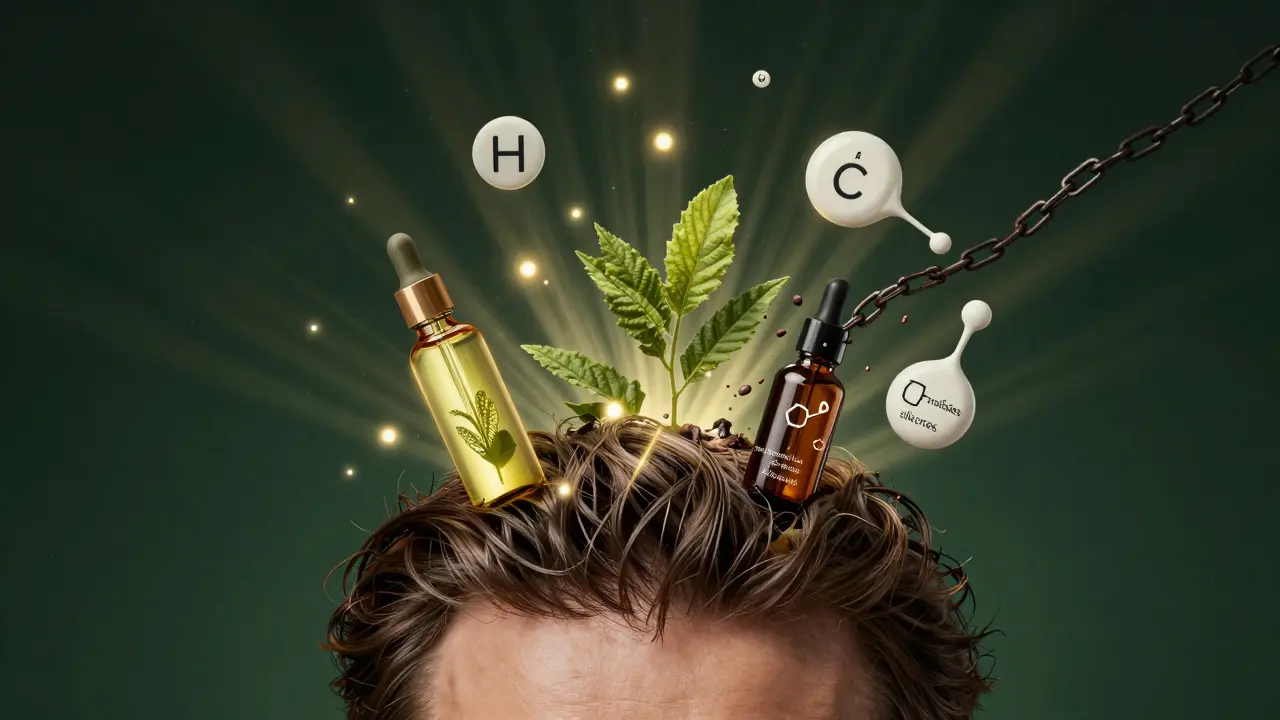 Vlasy rostoucí ze zdravé pokožky hlavy, obklopené přírodními výtažky, zatímco chemie padá.