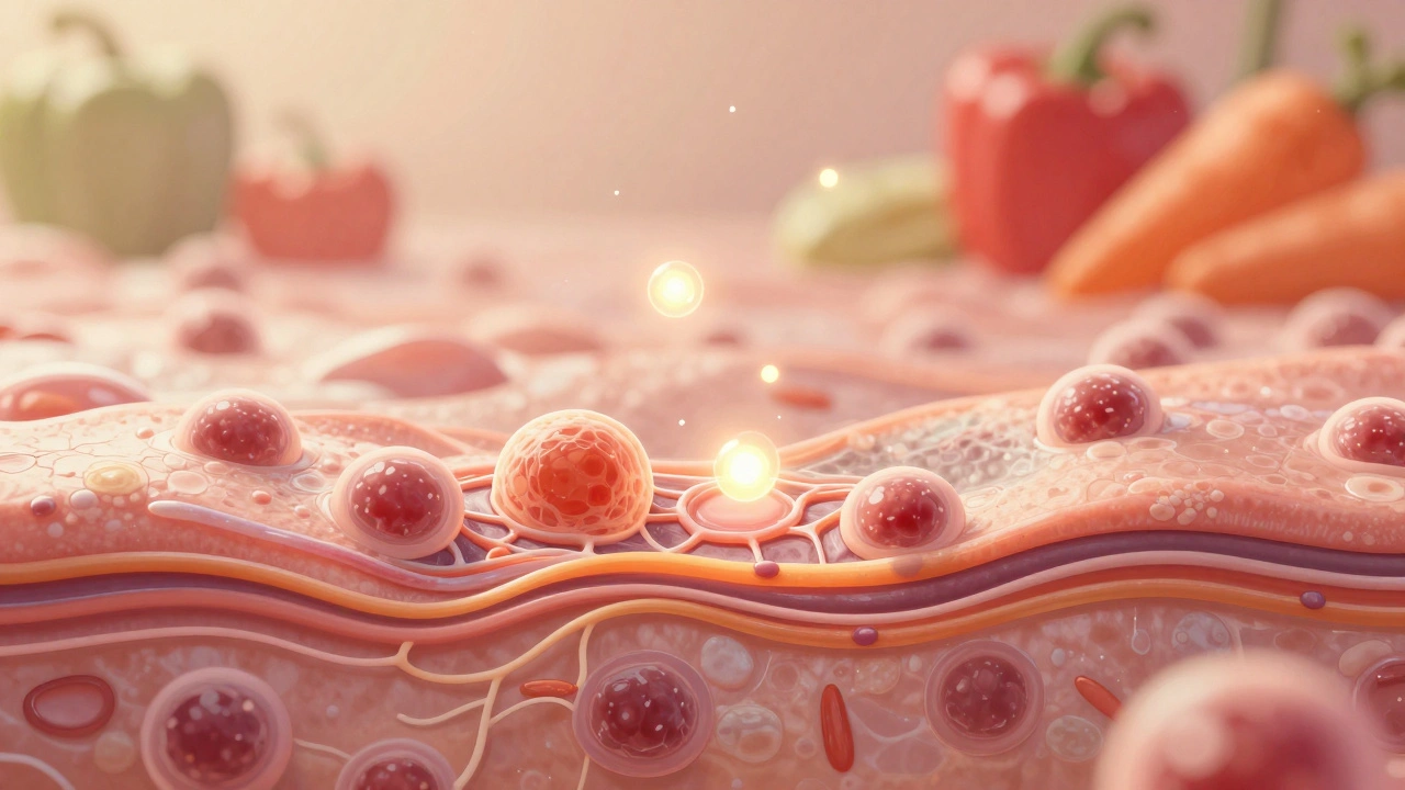 Vnitřní proces hojení kůže: buňky vyrábějí kolagen, podporovaný vitamíny a látkami.