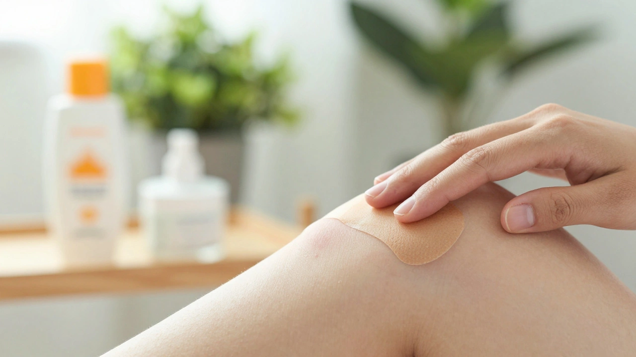 Zahojená kůže s jizvou je jemně masírována, vedle jsou silikonový náplast a krém na slunce.