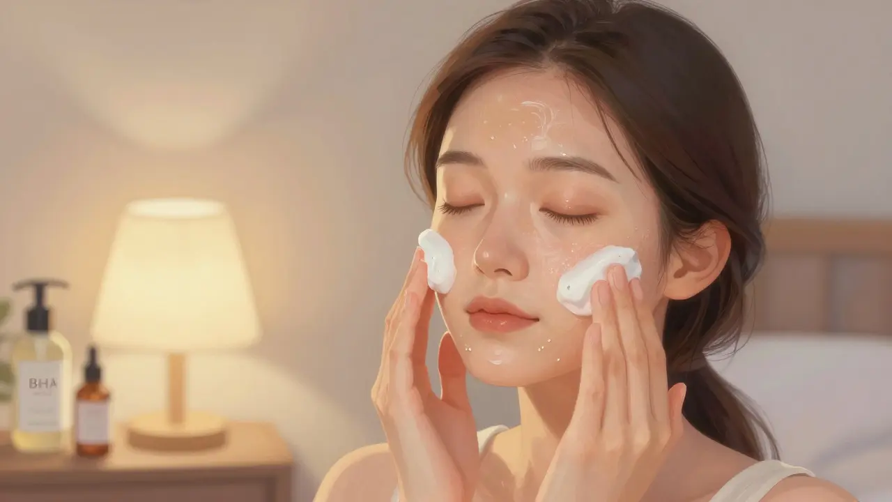 Žena čistí jen T-oblast obličeje večer, zatímco cheeeks nechává nečištěné.