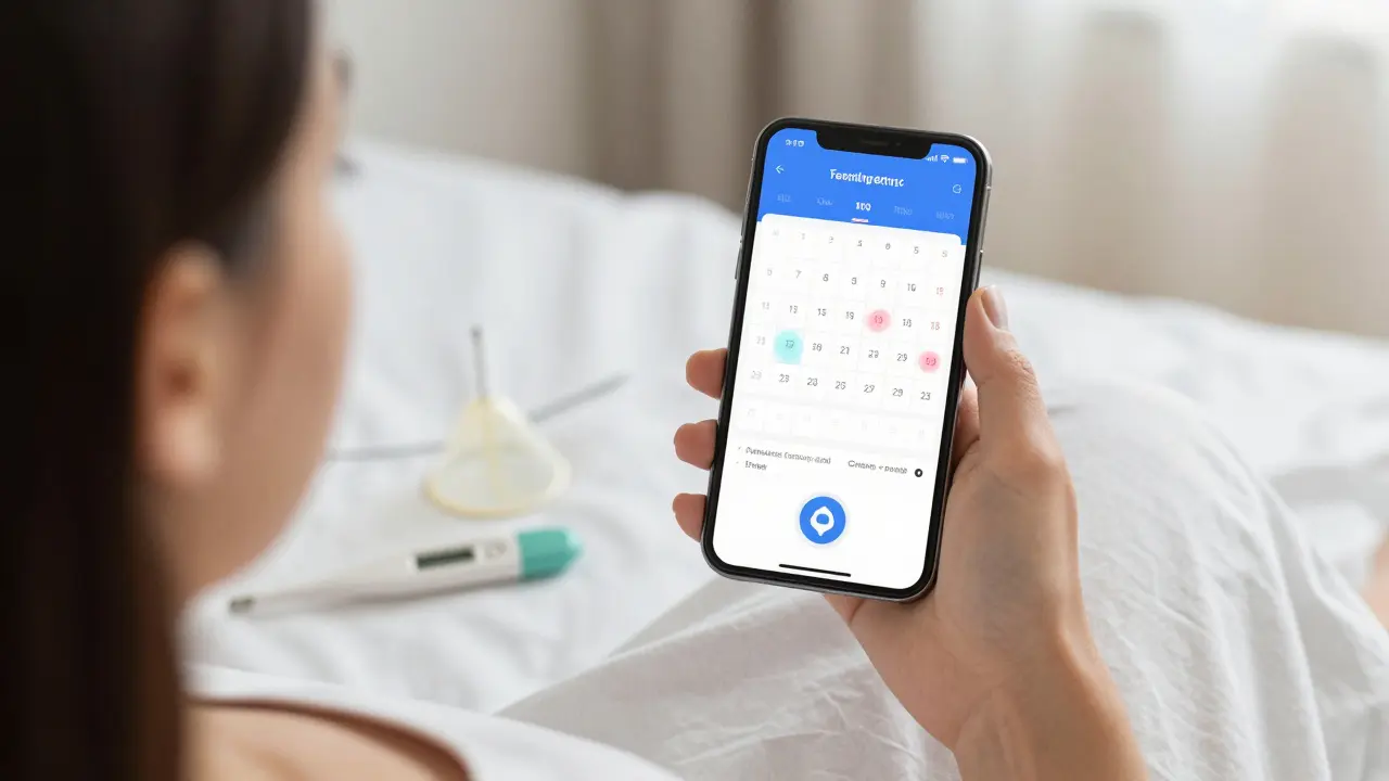 Žena sleduje plodnost na telefonu s teploměrem a diaphragmou na posteli.