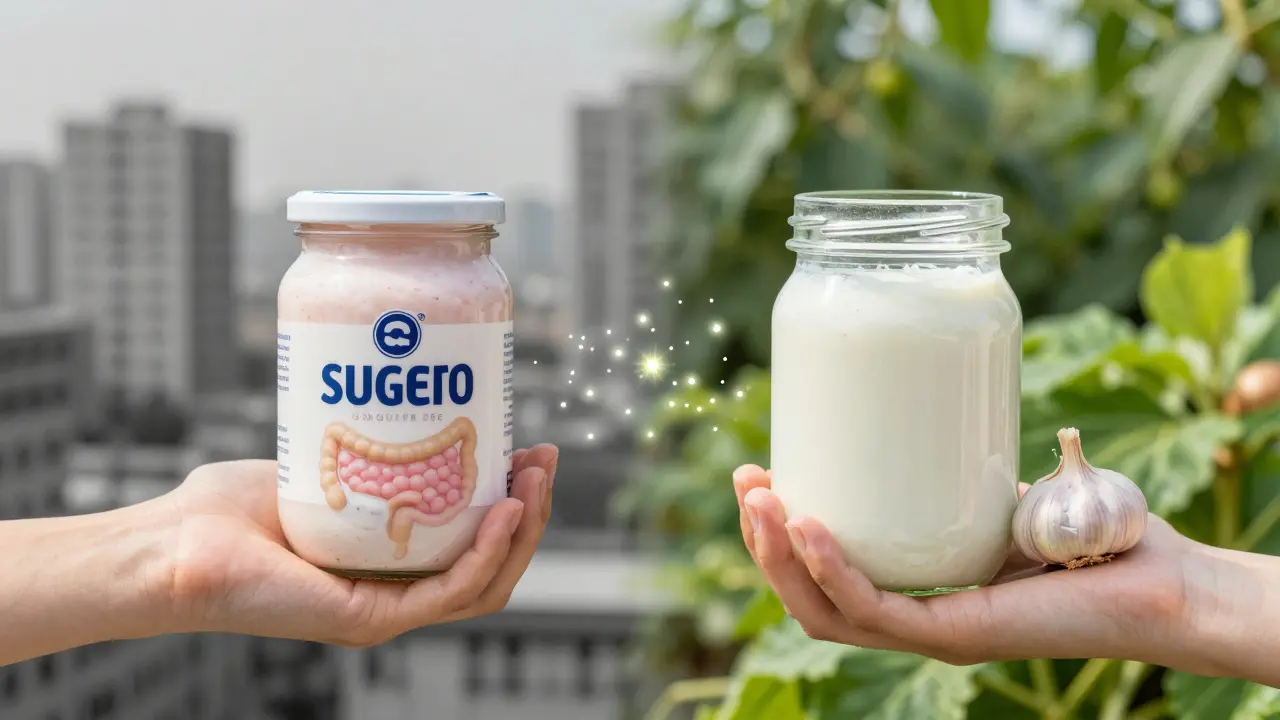 Dvě ruce držíce obyčejný jogurt a domácí kefír s česnekem a cibulí, pozadí rozdělené na město a zahradu.