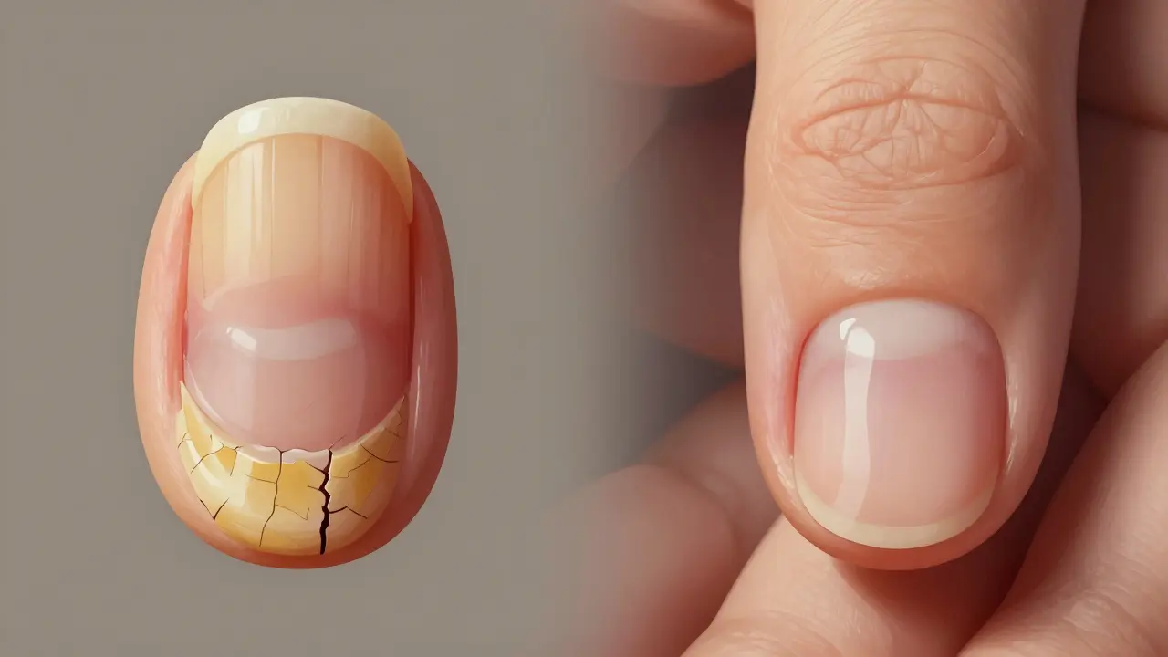 Dvě strany nehtu: poškozený a zdravý, znázorňující dopad péče na růst nehtů.