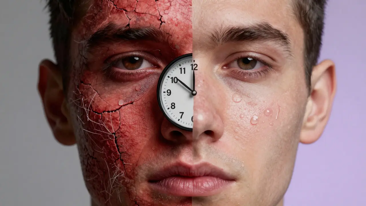 Dvojí tvář: jedna suchá a unavená, druhá zdravá a zářící, symbolizující vliv životního stylu na kůži.