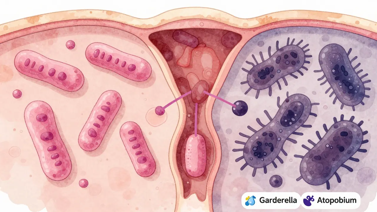 Ilustrace rovnováhy mezi užitečnými a škodlivými bakteriemi v pochvě.