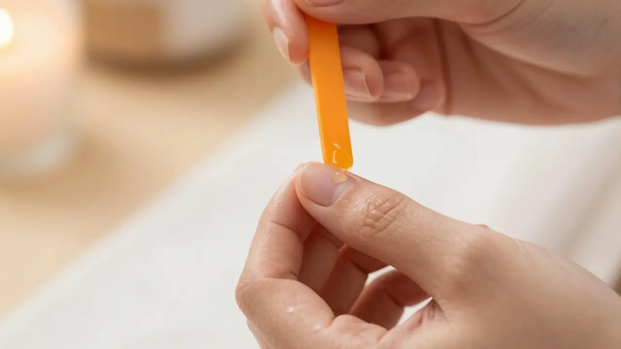 Jemné odstranění přebytečné kůžičky po koupeli s kapkou oleje na základně nehtu.