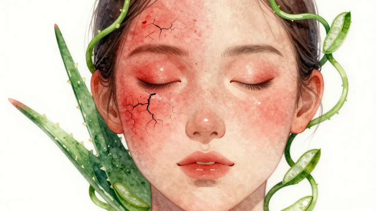 Konceptuální obraz tváře, kde jedna polovina je podrážděná a druhá zklidněná s líanami aloe veru.