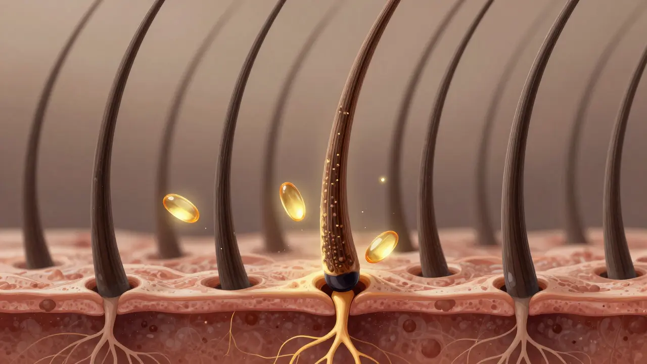 Mikroskopický pohled na zdravé vlasové folikuly s živinami biotinu, zinku a omega-3.