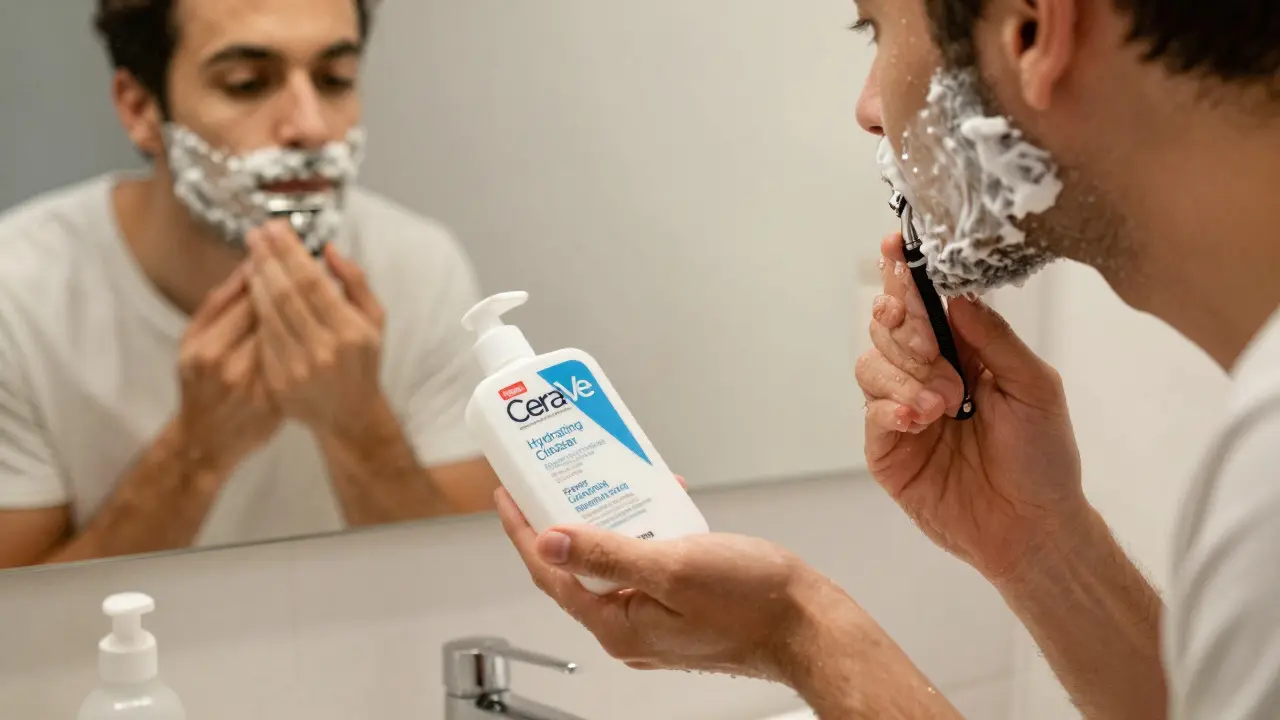 Muž aplikuje čistič CeraVe na obličej po holení v koupelně.