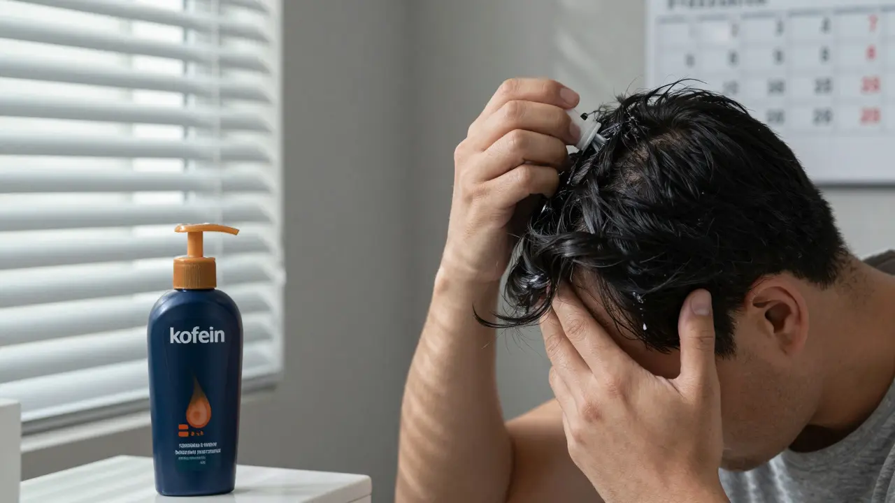 Muž aplikuje minoxidil večer, vedle něj kofeinový šampon a kalendář s označenými měsíci léčby.