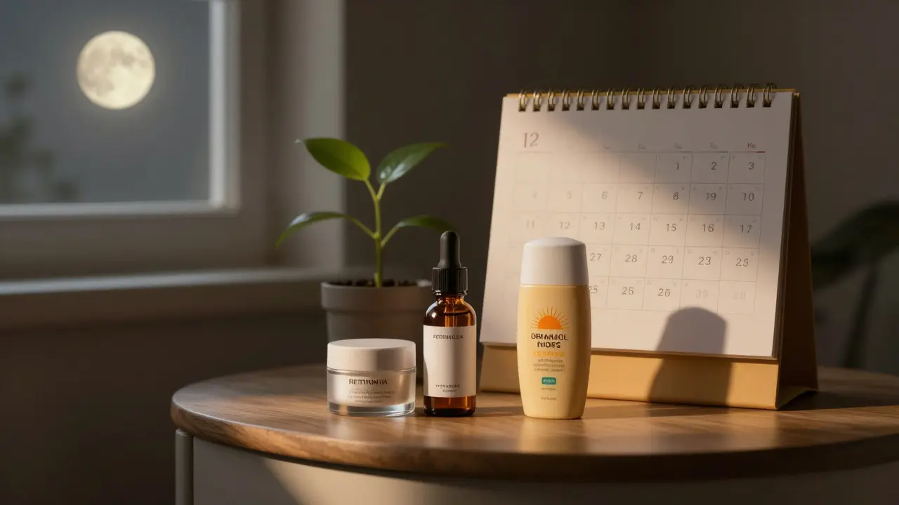 Noční stolek s retinolem, ceramidy a SPF krémem v symetrickém uspořádání.