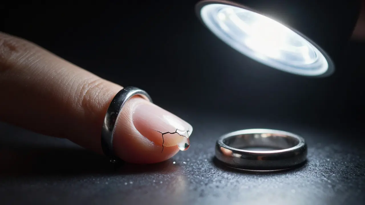 Poškozený neht s vytřeným kroužkem vedle čistě naneseného kroužku pod LED lampou.