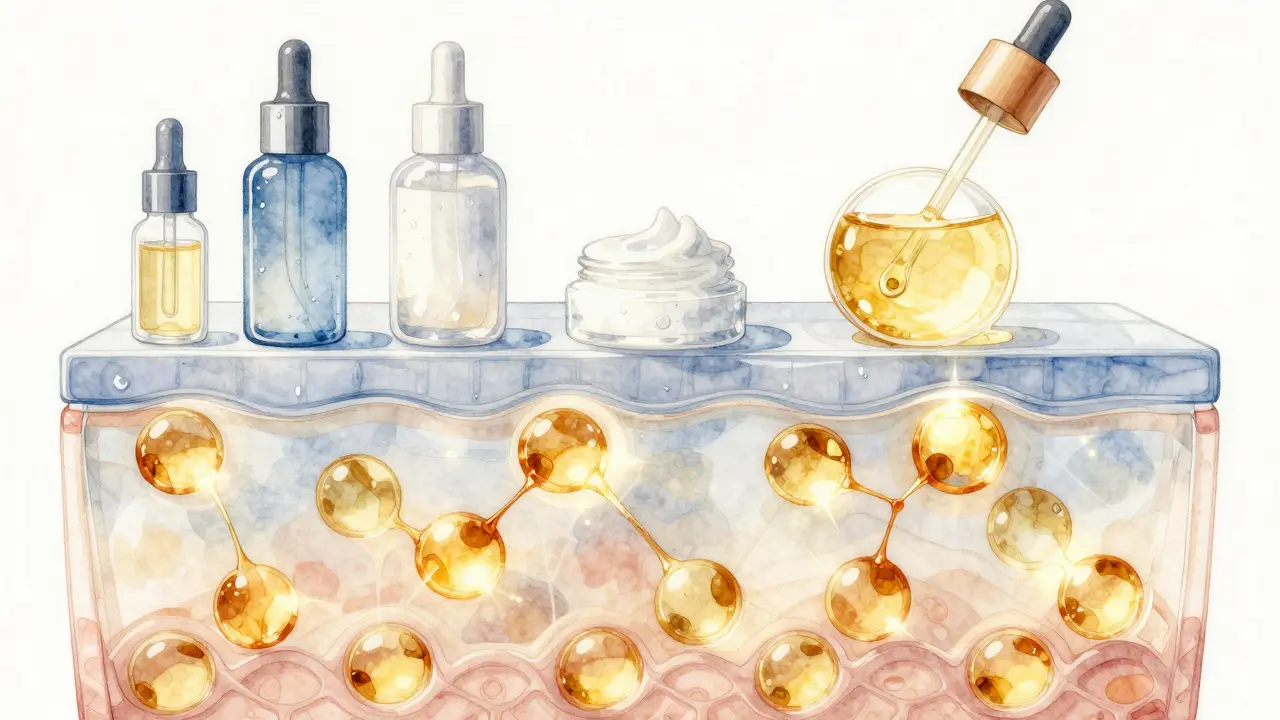 Přehled správného vrstvení kosmetiky: sérum, krém a olej jako zámek.