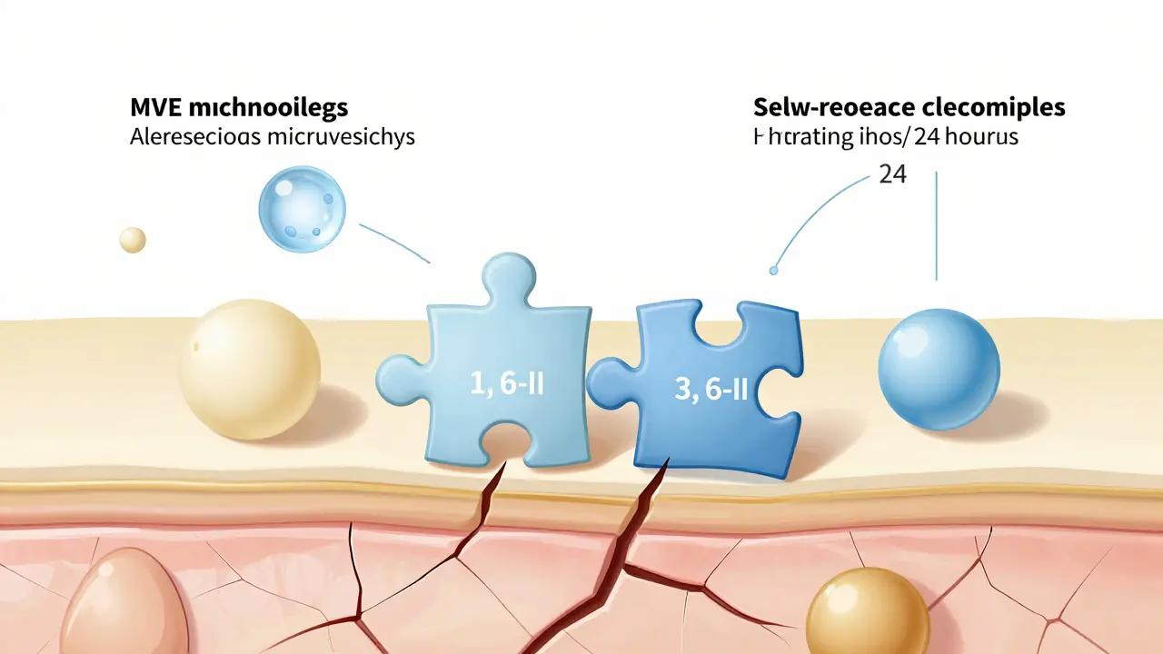 Přehledový obrázek obnovy bariéry kůže pomocí tří typů ceramidů a technologie MVE.