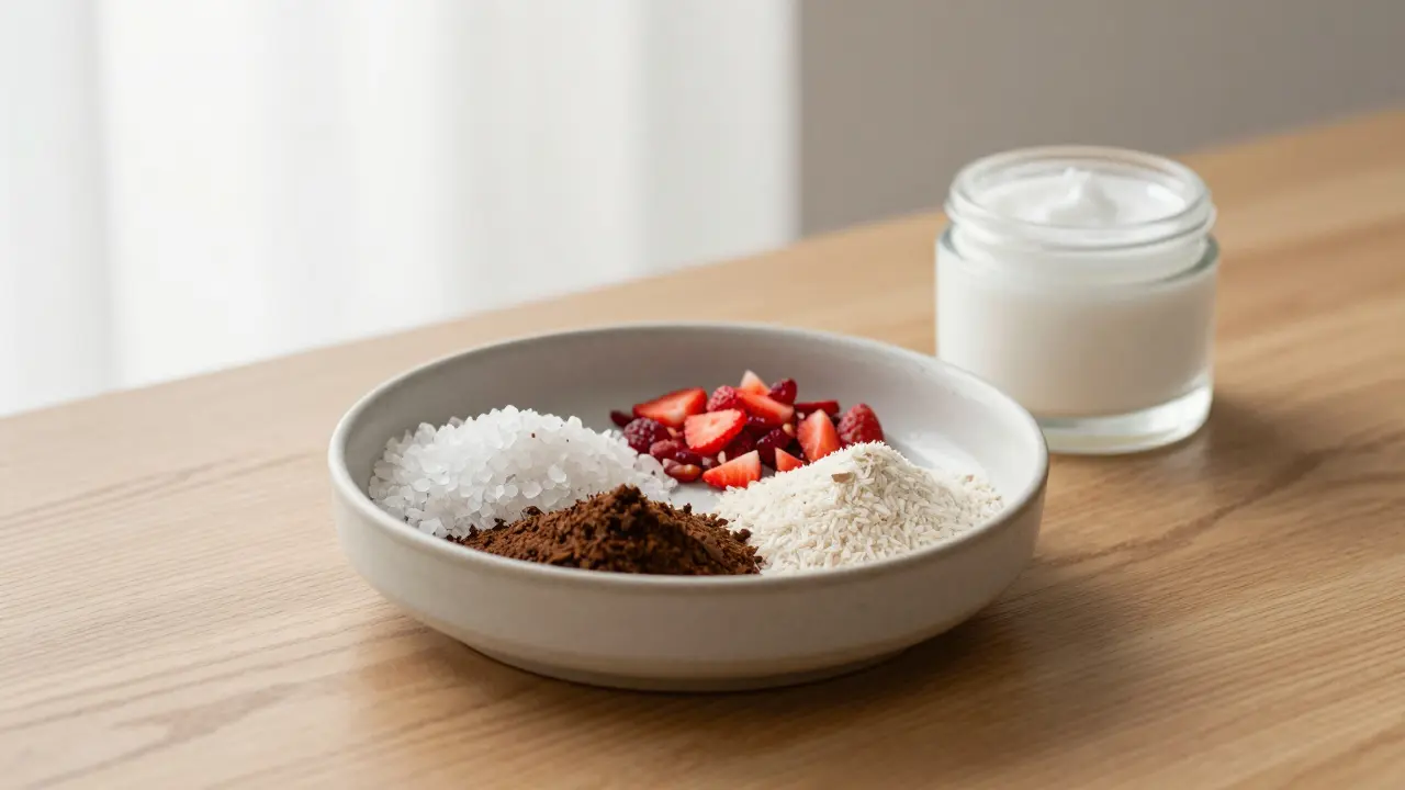 Přírodní složky scrubu: soľ, káva, semínka jahod a rýžová moučka uspořádané na dřevěné desce.