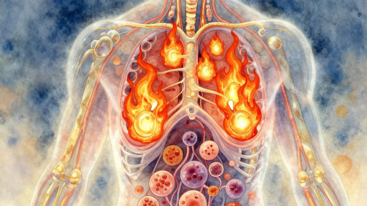 Průhledný lidský tělo s vitaminem C jako hasiči hašícími škodlivé molekuly v buňkách a cévách.