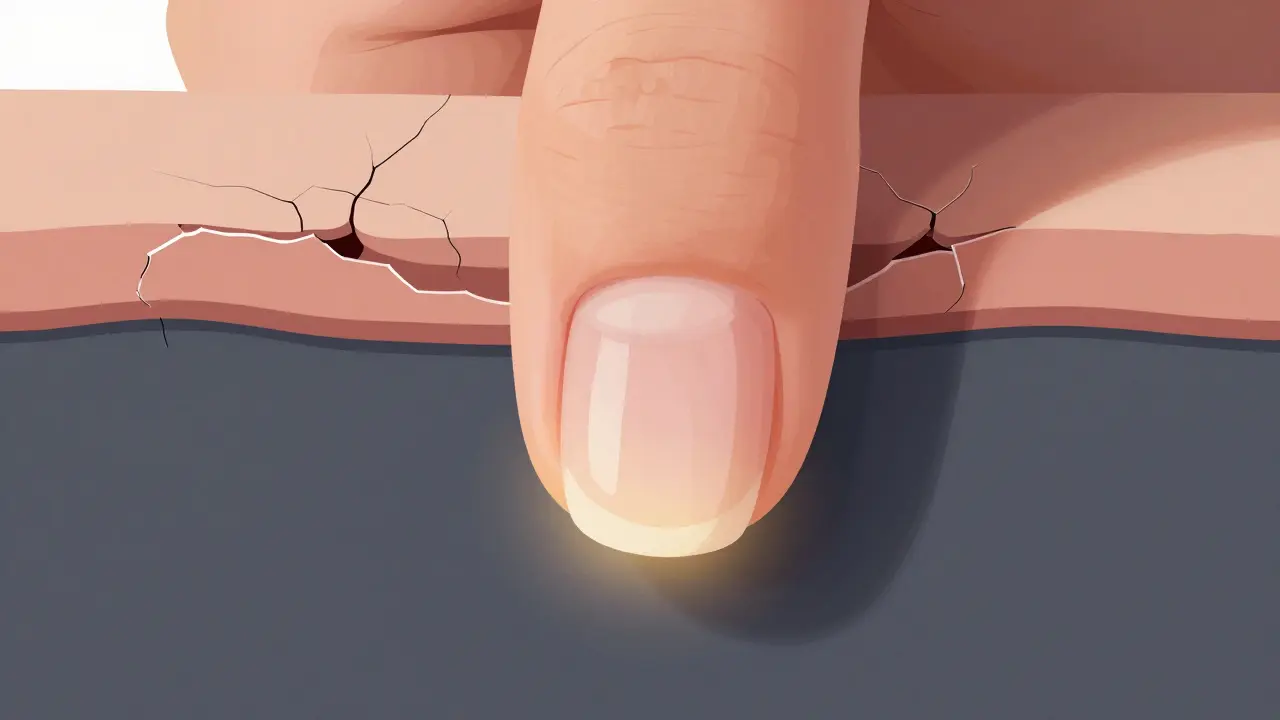 Průřez nehtu ukazující poškozenou vrstvu pod gelovým lakem a zdravý nový růst.