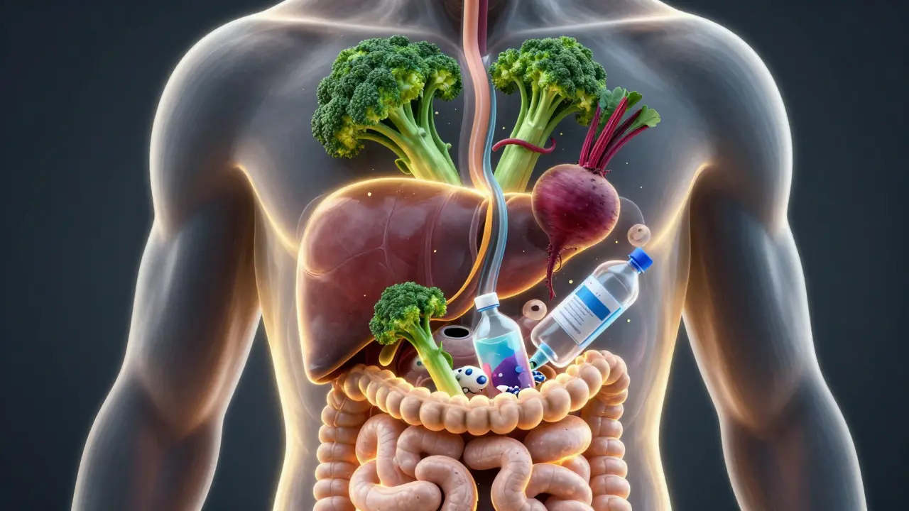 Průřez těla s játry a střevy, do kterých proudí zelenina, zatímco plastové láhve a chemikálie jsou odstraňovány.