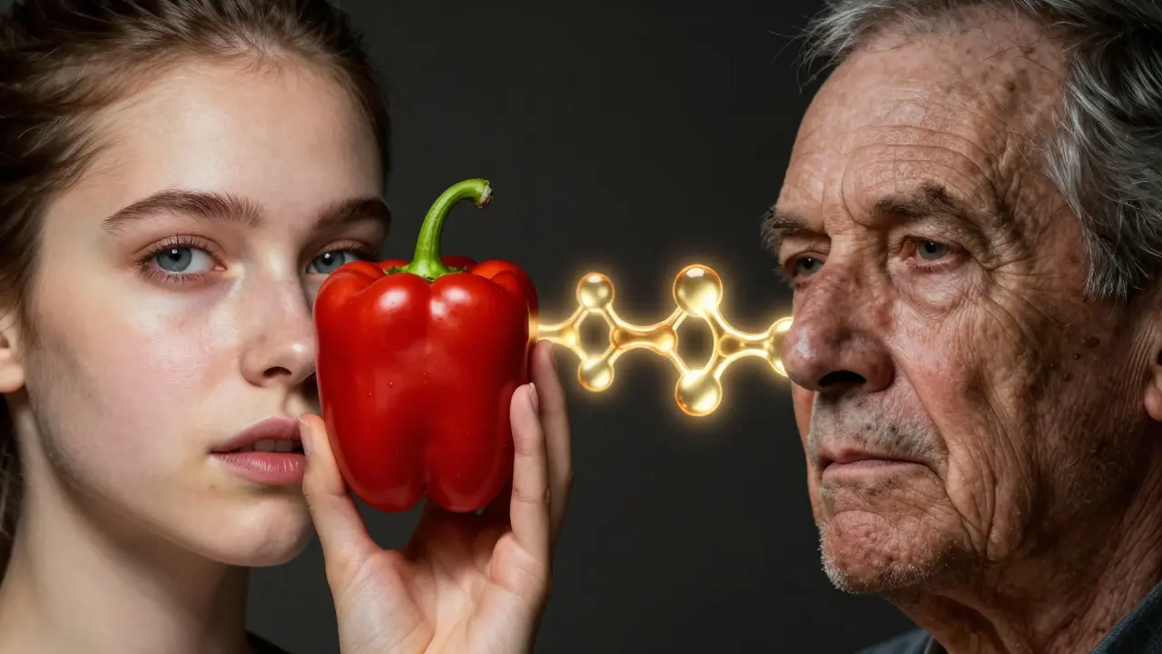 Ruka drží papriku a tabletu vitaminu C, jedna strana obličeje mladá a zdravá, druhá stará a vyčerpaná.