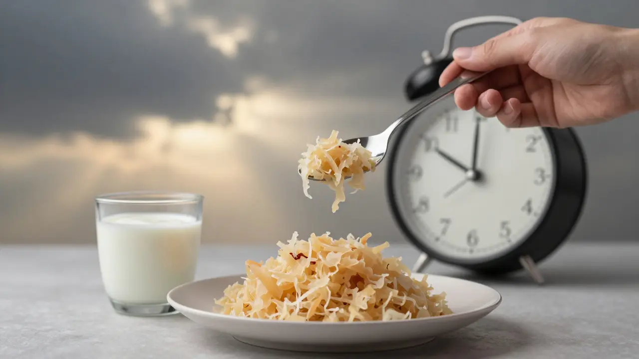 Ruka nalévá kysané zelí na talíř vedle jogurtu, symbolizující obnovu střevní mikroflóry.