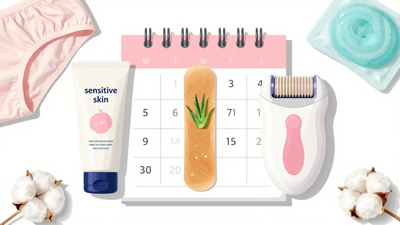 Tři metody depilace intima: krém, vosk a epilátor na čisté ploše.