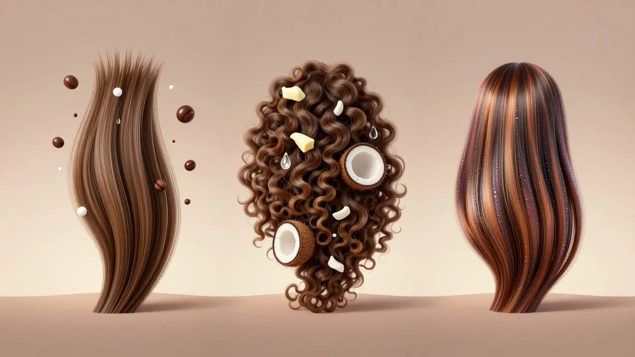 Tři typy vlasů — jemné, kudrnaté a barvené — s přírodními složkami kolem nich jako oleje a bílkoviny.