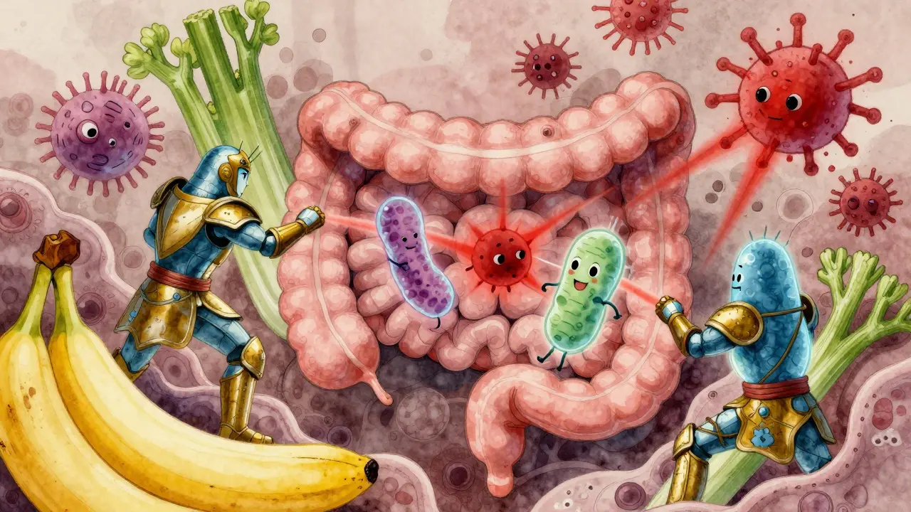 Umělý náčrt střev s přátelskými bakteriemi bojujícími proti škodlivým patogenům a potravinami jež je živí.
