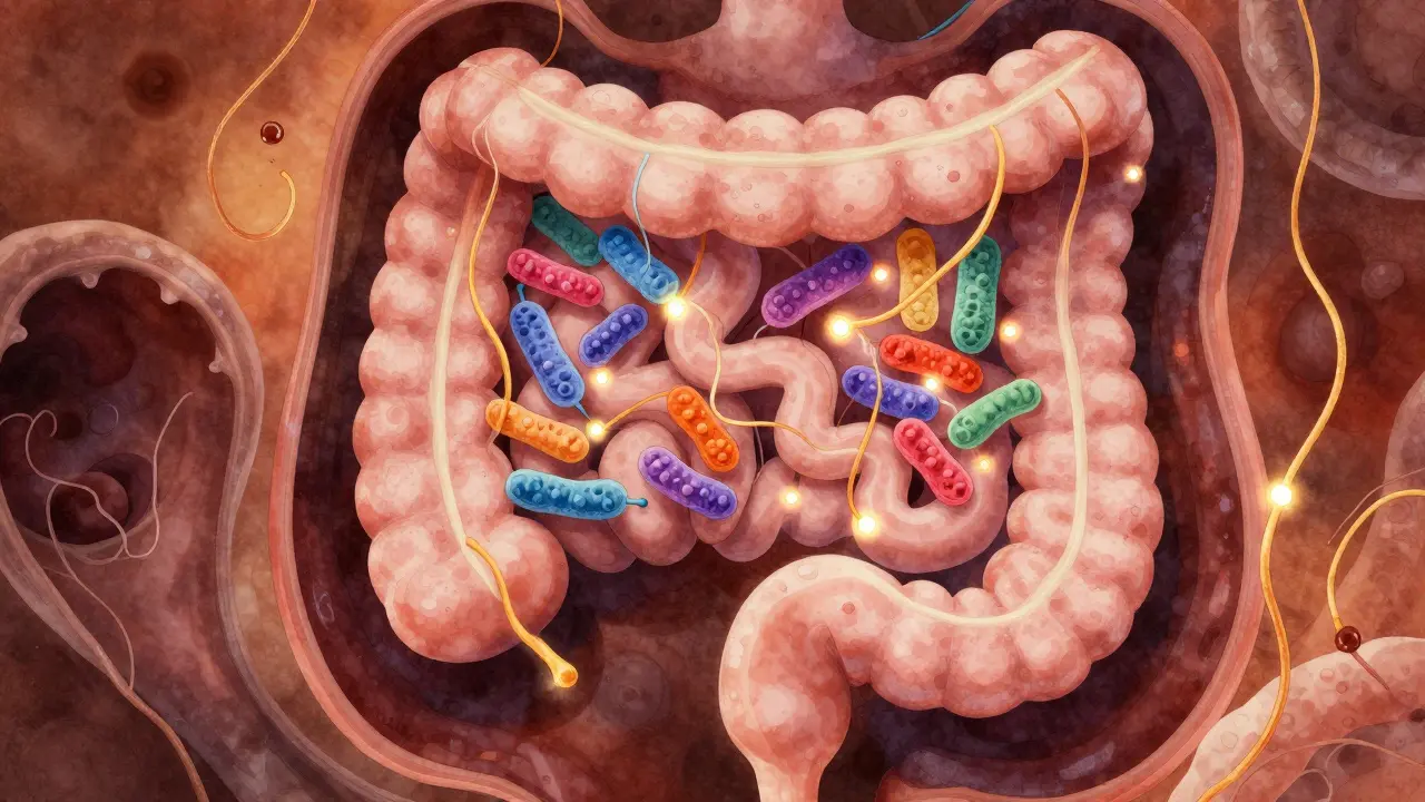 Umělý náčrt střev s živými laktobacily živícími se vlákninami v teplém zlatém světle.