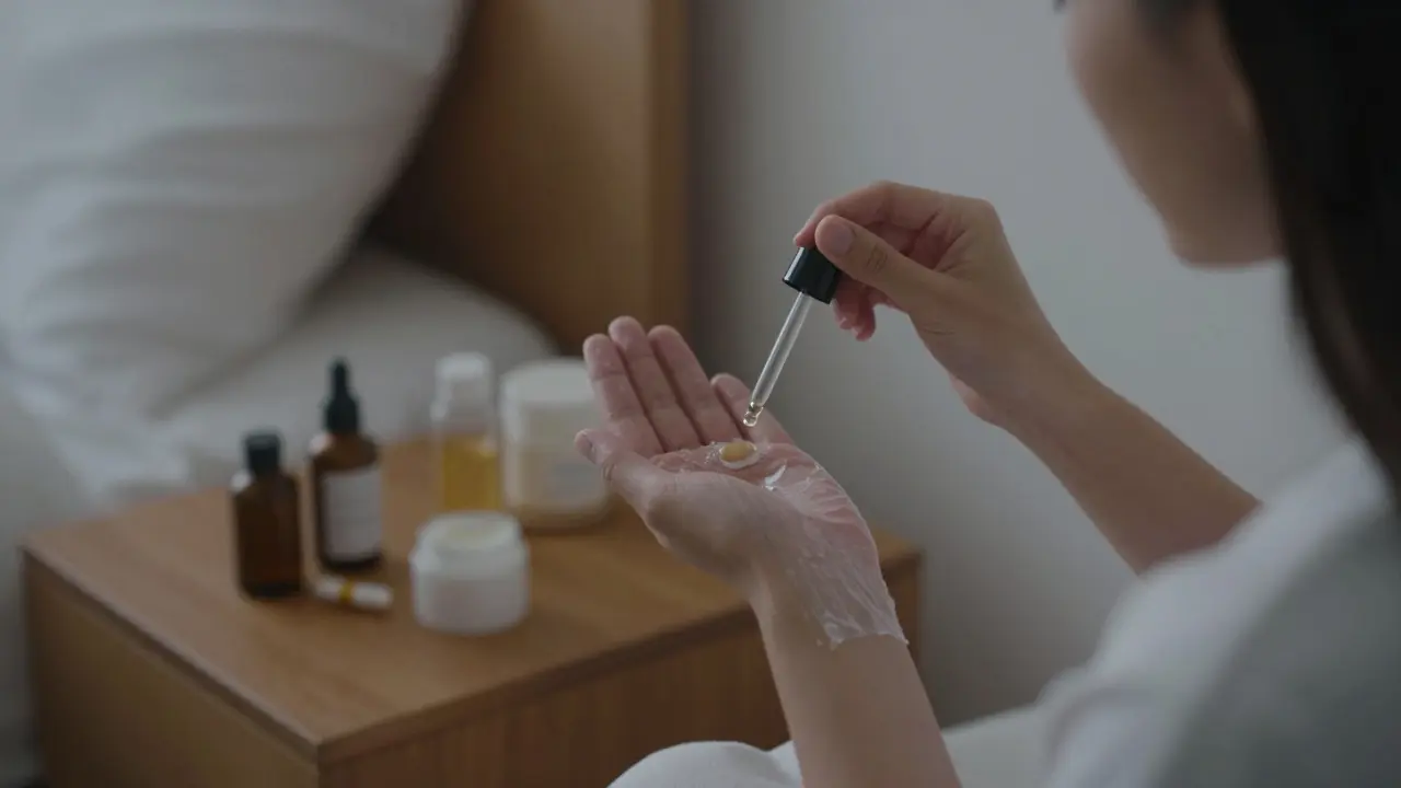 Večerní péče o kůži s olejem a krémem pod světlem noční lampy.