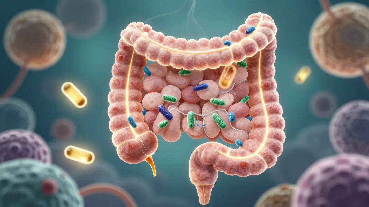 Vnitřní pohled na střevo s probiotiky a vitamínem D vstřebávaným do krve