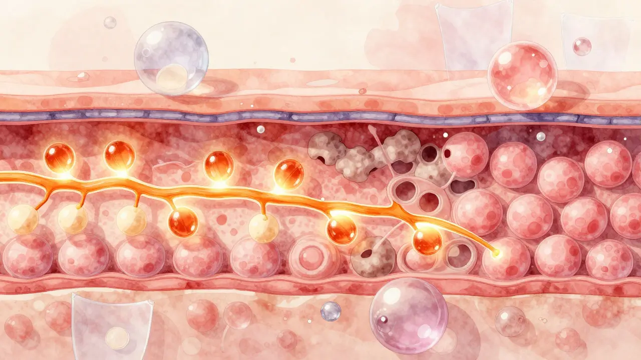 Vnitřní struktura kůže s aktivací kolagenu a přeměnou buněk pod vlivem retinolu.