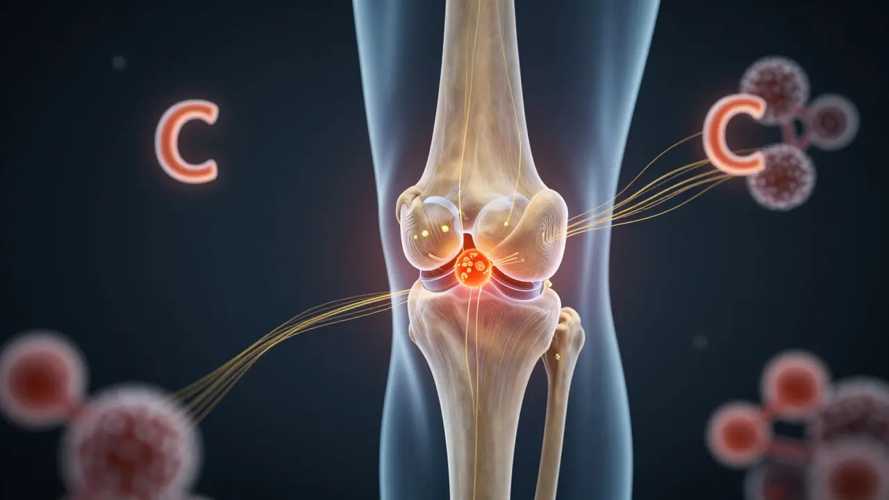 X-ray stylizovaný kloub s zlatými peptidy kolagenu opravujícími chrupavku a molekulami vitamínu C.