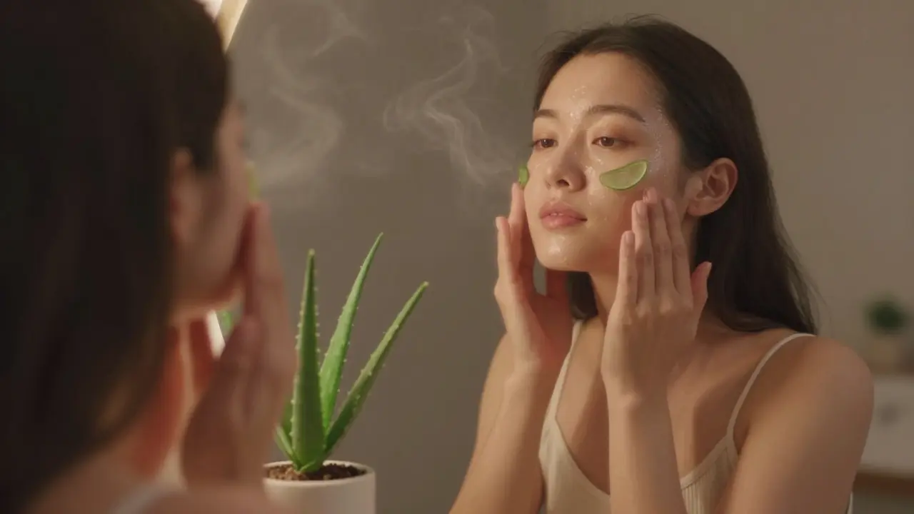 Žena aplikuje gel z aloe veru na obličej večer před zrcadlem.