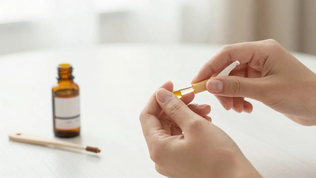 Žena masíruje nehty olejem, bez laku, v klidném prostředí.