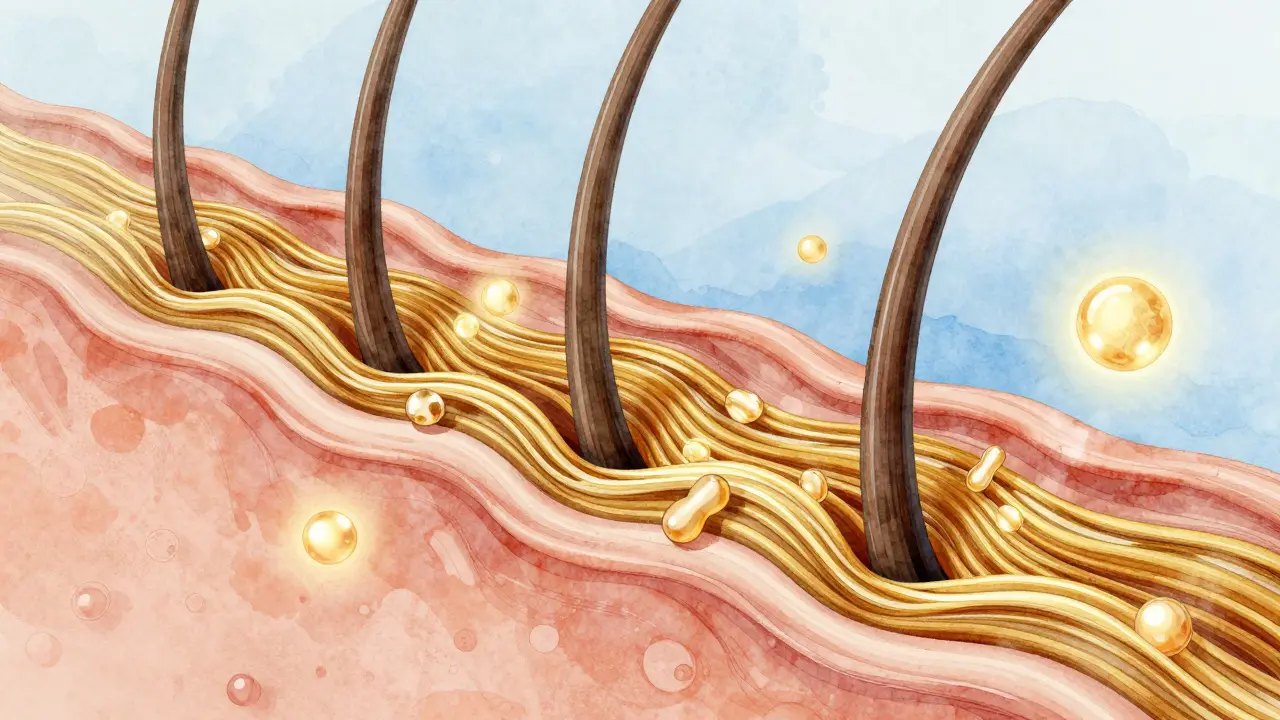 Zvětšený vlasový kořínek s kolagenovými peptidech a keratinovými vlákny.