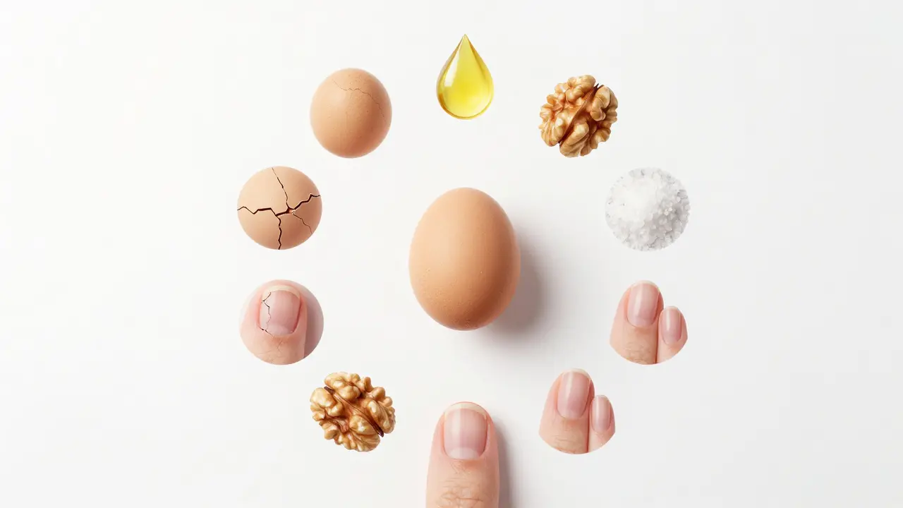 7 denní plán péče o nehty s ikonami potravin a postupů, které vedou k zpevnění nehtů.