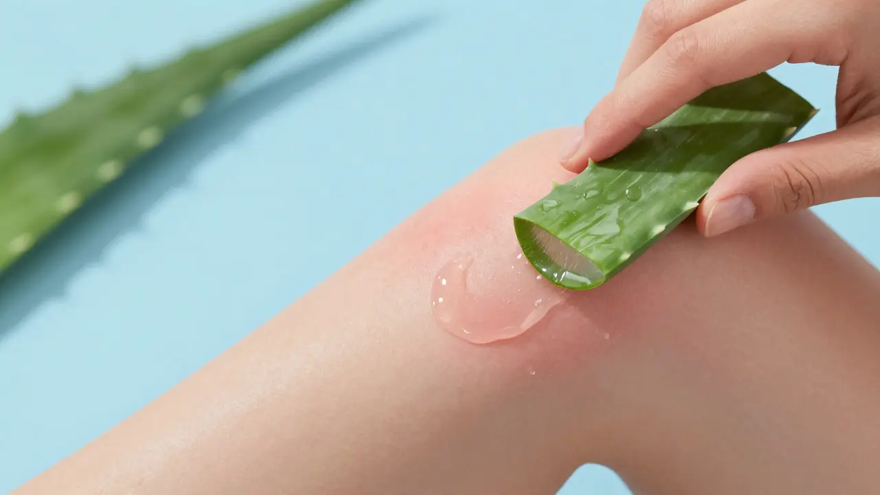 Aplikace gelu aloe vera na zarudlou kůži.