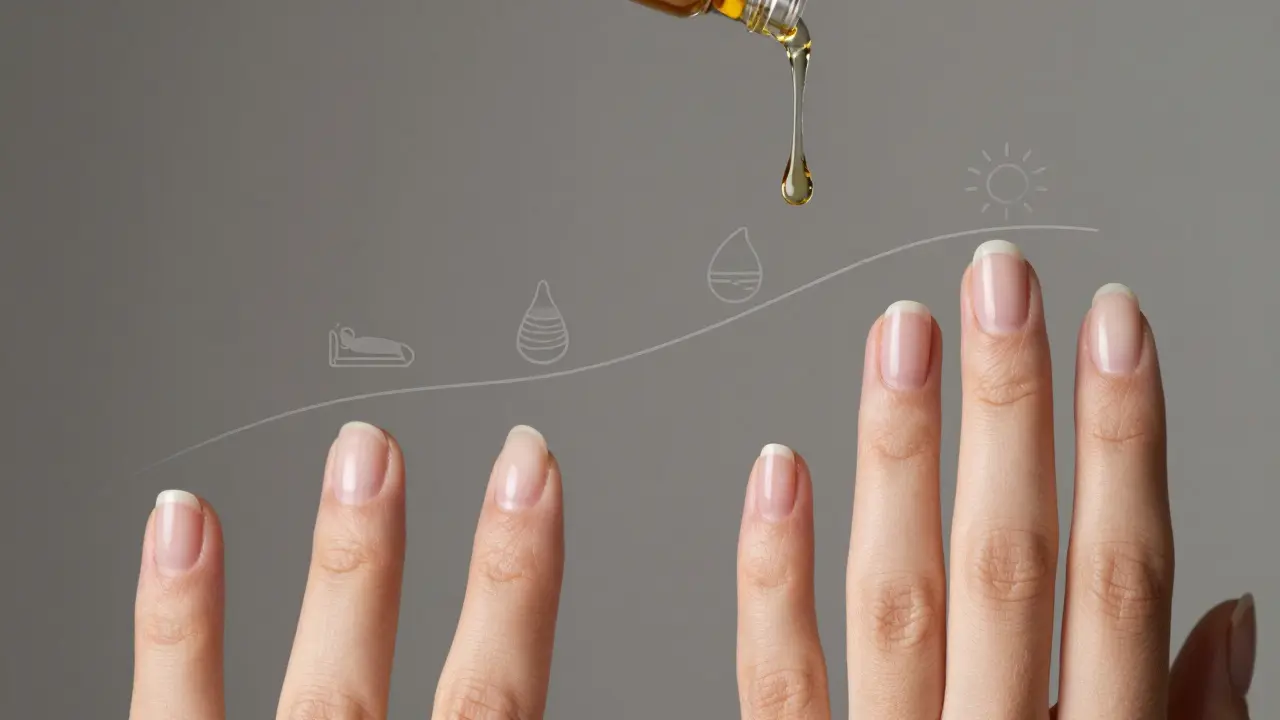 Časová osa ukazující přechod od křehkých nehtů k silným a zdravým během šesti měsíců péče.