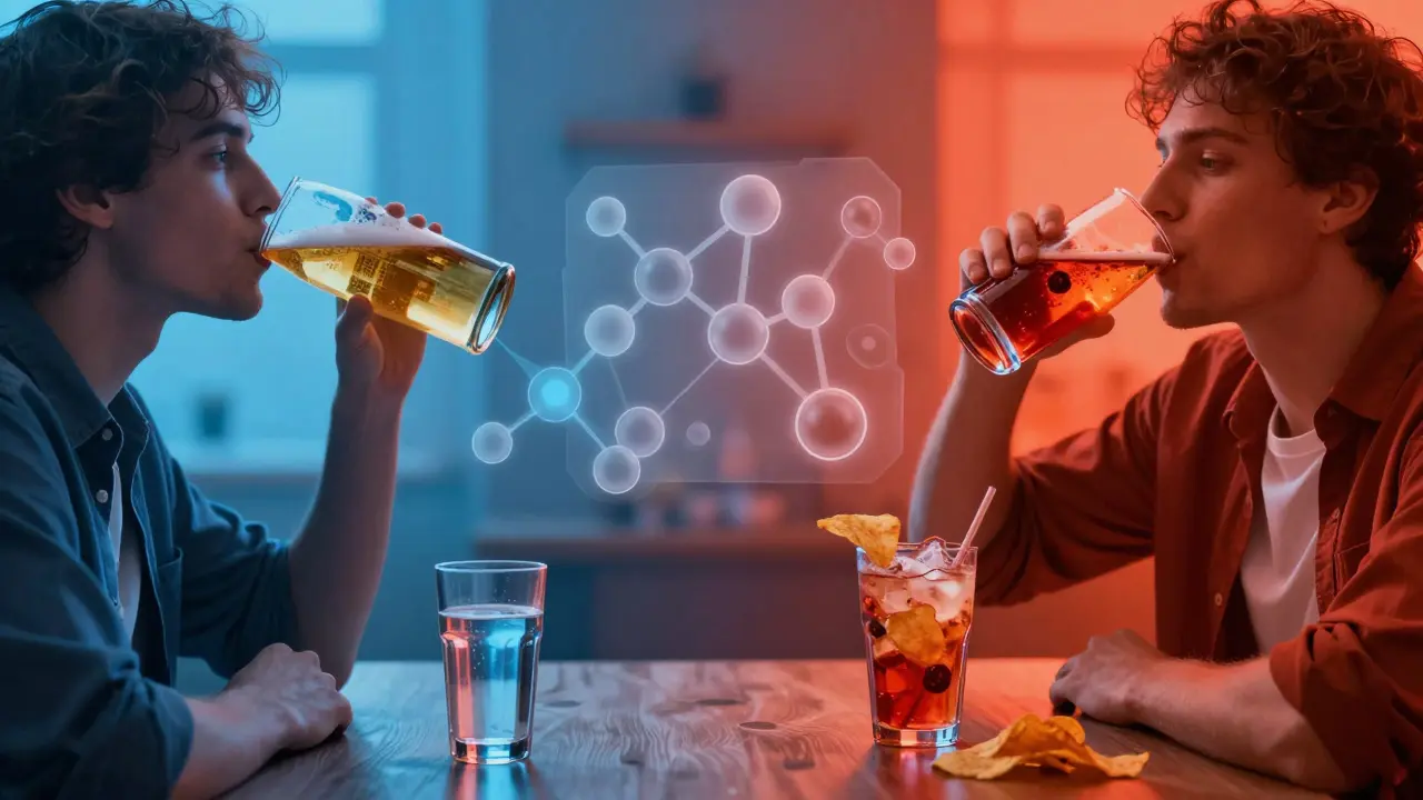 Dvě scény: jedna s pomalým pítím vody a piva, druhá s rychlým pítím koktejlu a energy drinku.