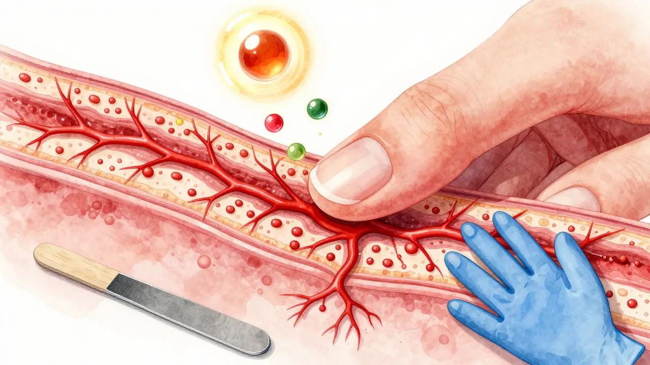 Ilustrace matrice nehtu s krevními cévami a živinami, které podporují růst, s nástroji pro péči o nehty.
