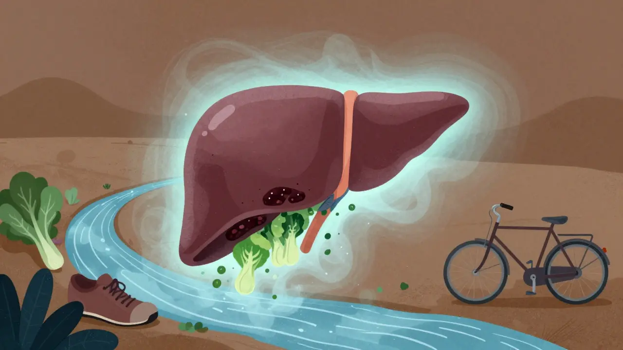 Játra s tukovými usazeninami se rozpouštějí, zatímco zelenina a voda je obklopují v klidné, přírodní scéně.