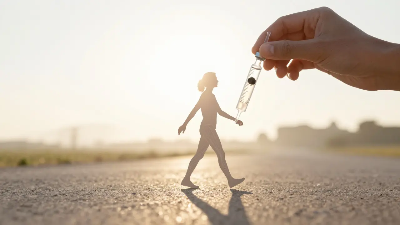 Kolagenová injekce symbolizuje obnovu pohyblivosti – člověk kráčí po světlé cestě.