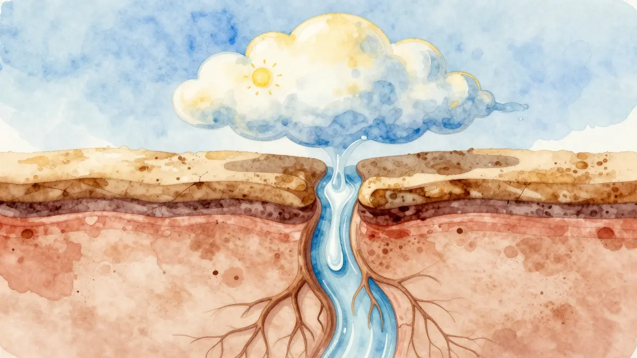 Konzepční obrázek kůže jako krajiny s sérum tekoucím do hlubokých vrstev.