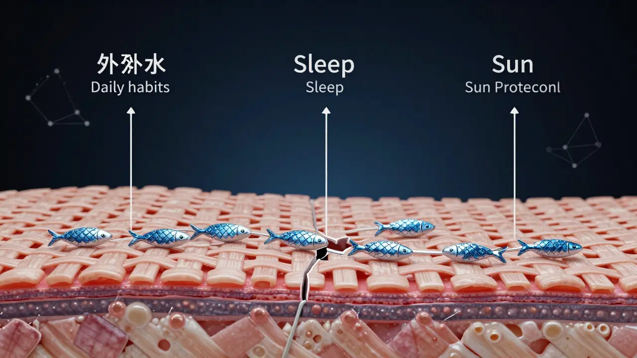 Křížový řez kůže, kde rybí kolagen opravuje elastické vlákna.