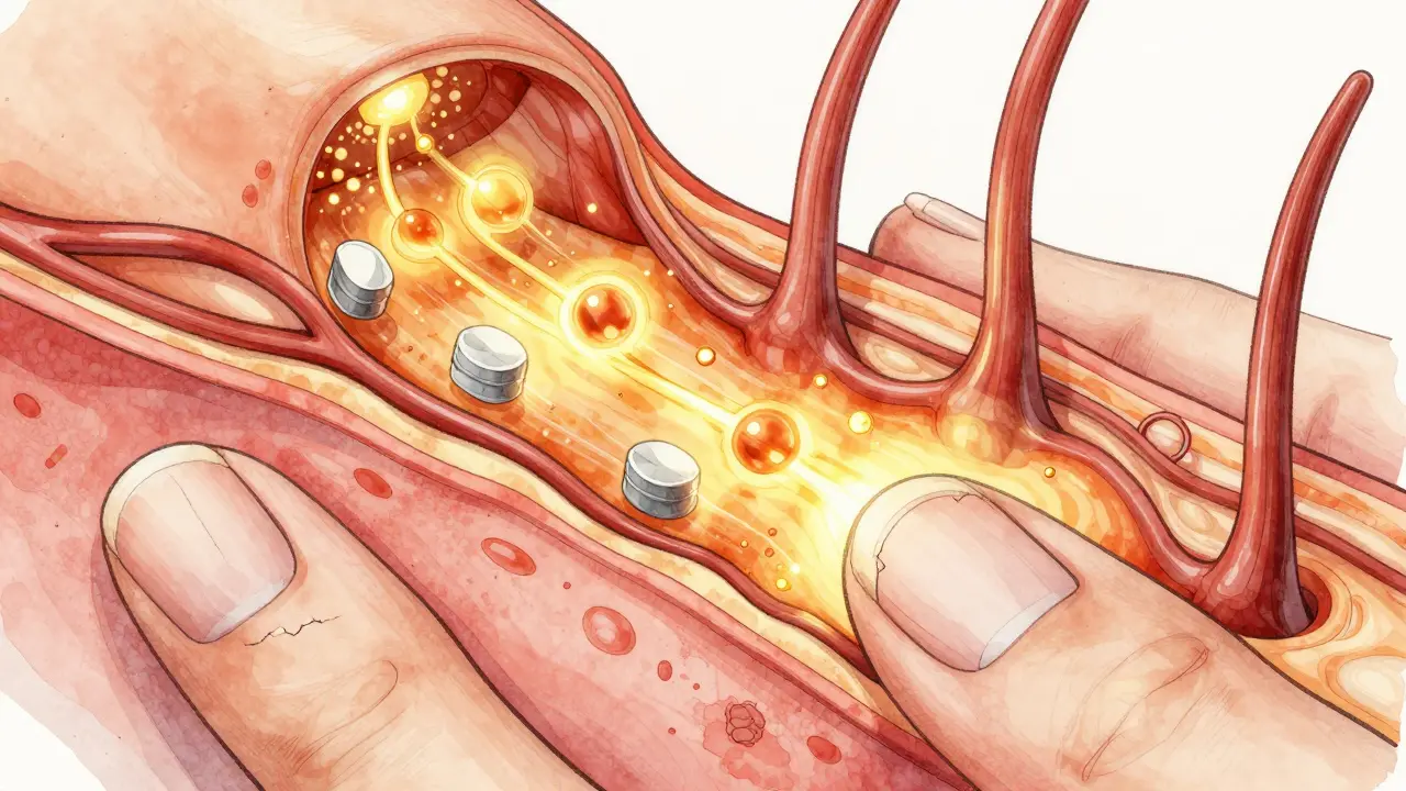Křížový řez na nehtové matici, kde živiny proudí do tkáně a podporují růst zdravého nehtu.