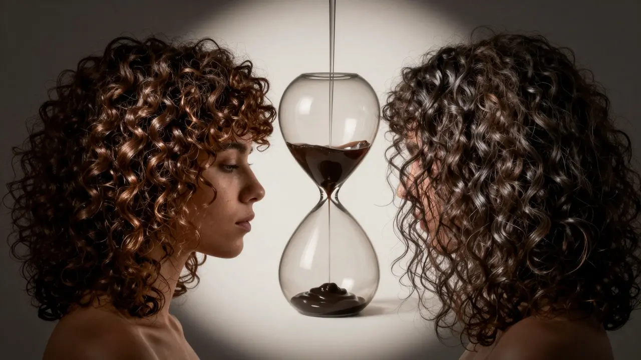 Kudrnaté vlasy na dvou stranách: jedna lesklá a zdravá, druhá zatěžená a plastická, mezi nimi přepíná hodiny.