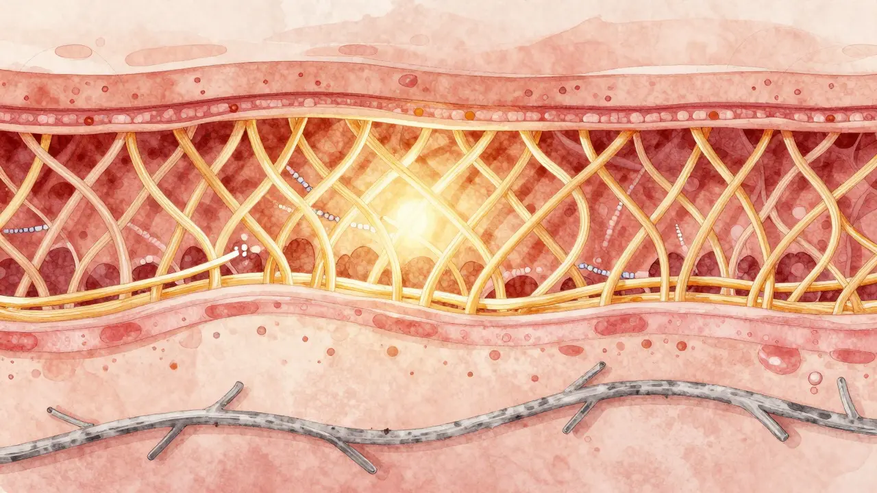 Mikroskopický pohled na kolagenová vlákna v kůži, jak se obnovují a spojují v pevné sítě.