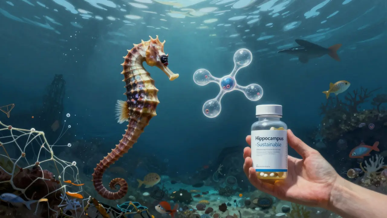 Mořský koník plave od znečištěné oblasti k živému útesu, zatímco molekula kolagenu spojuje přírodu s etickým doplňkem.